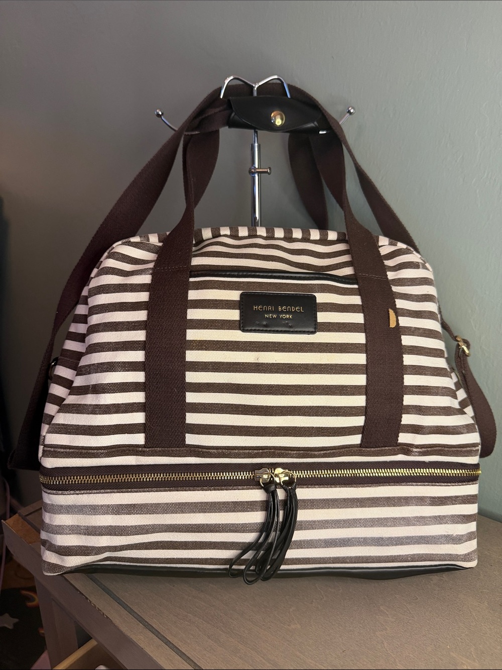 henri bendel Brown and Cream Striped Travel Tote
